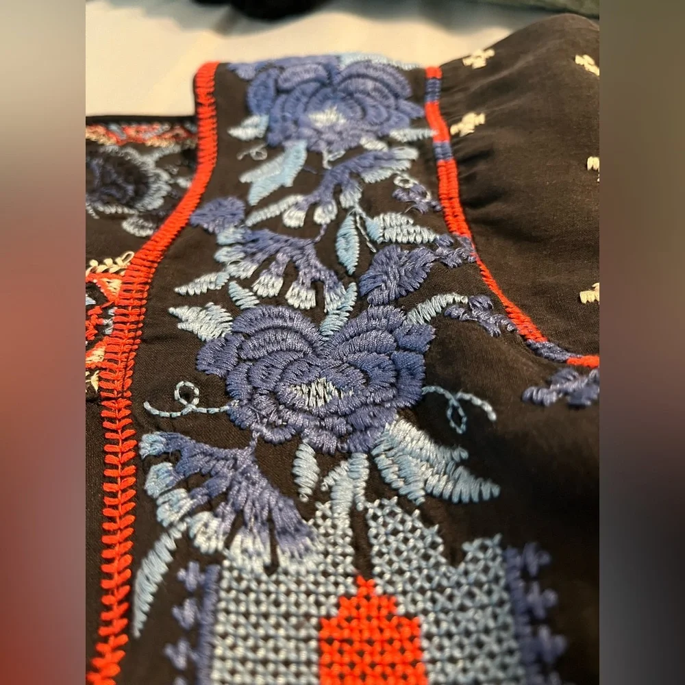 Johnny Was Black Zelda Mexican Peasant Blouse with Blue/Red Embroidery Small - Picture 12 of 15